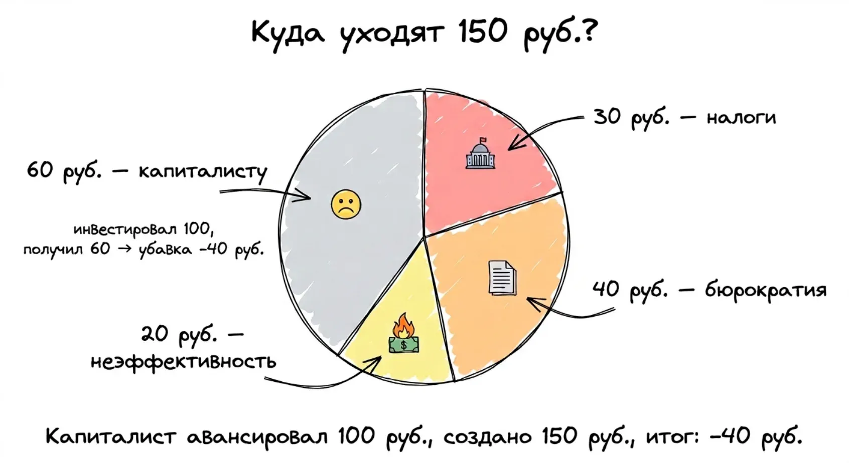Куда уходят 150 руб.: 30 — налоги, 40 — бюрократия, 20 — неэффективность, 60 — капиталисту. Инвестировал 100, получил 60, убавка −40 руб.