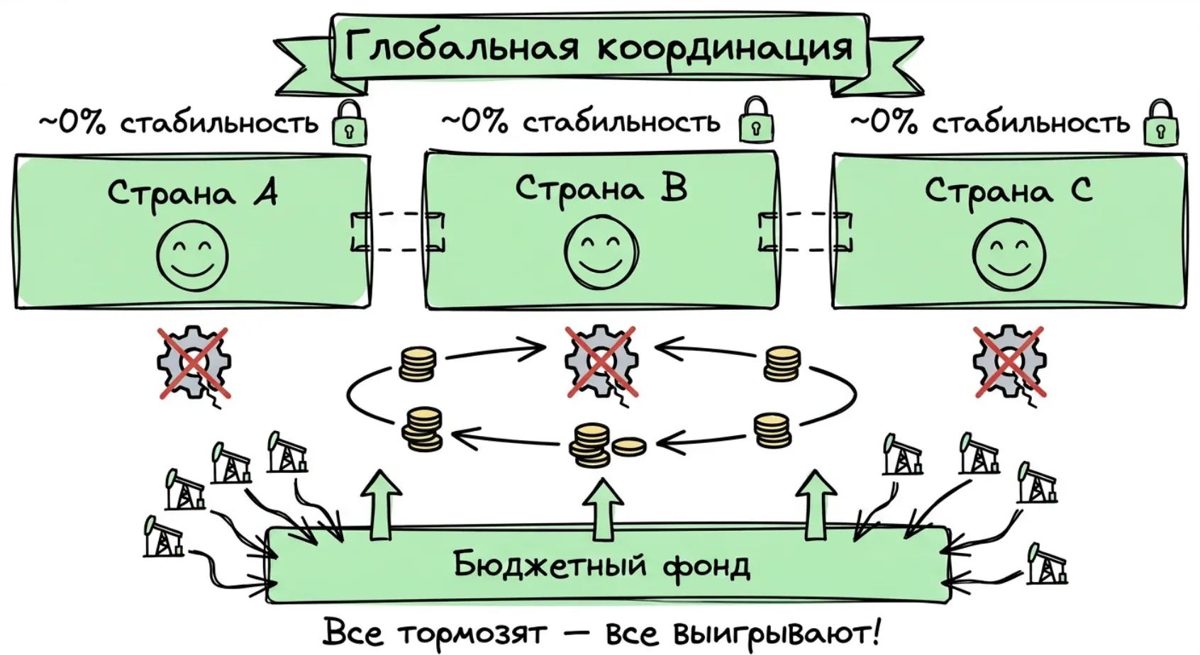 Глобальная координация: страны A, B и C стоят на месте, деньги ходят по кругу через бюджетный фонд. Подпись: все тормозят — все выигрывают!