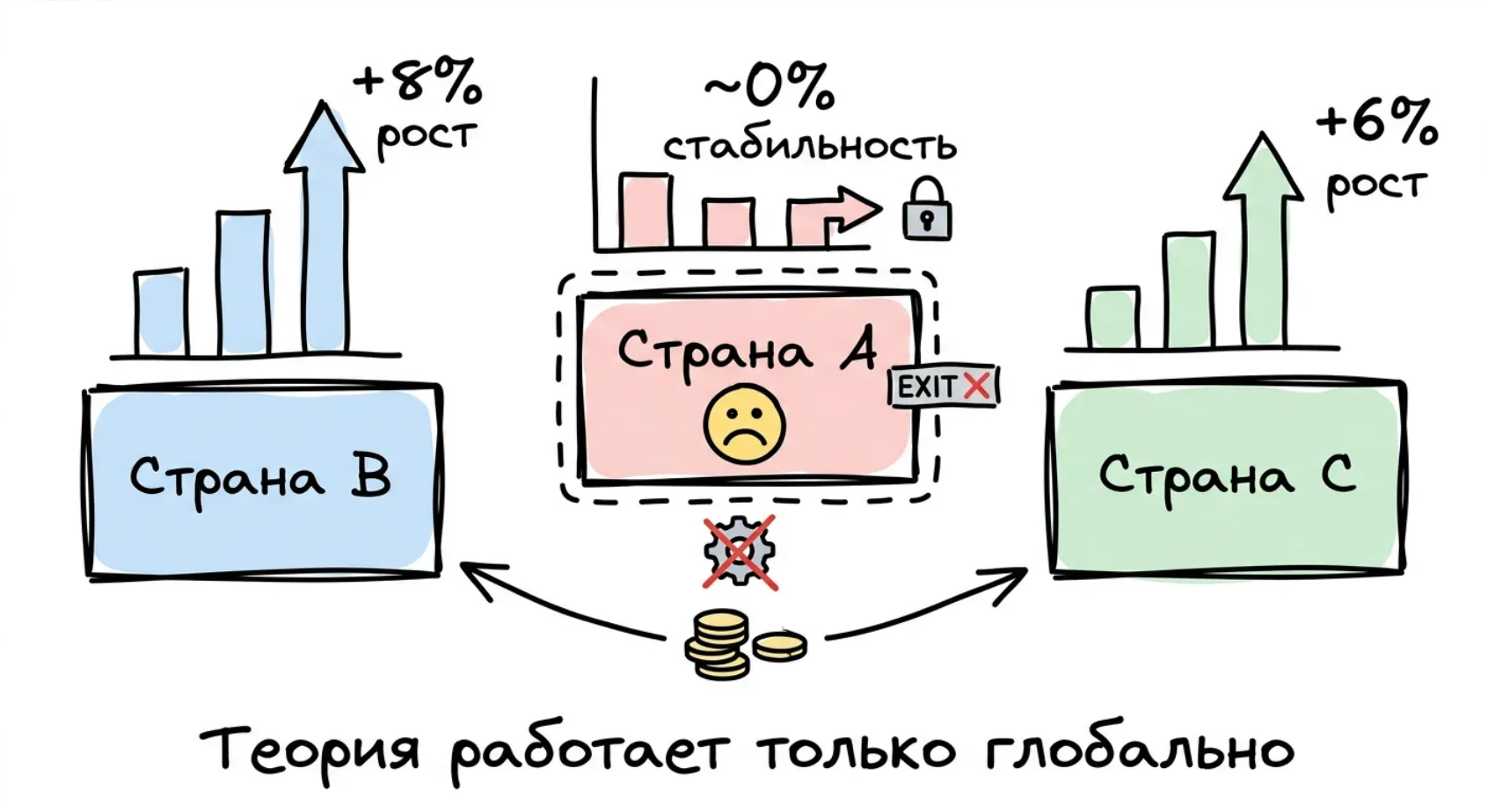 Страна A стоит на месте и закрыта, страны B и C растут на 8% и 6%, капитал утекает к ним. Подпись: теория работает только глобально